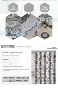 Close-up of thickened waterproof polyester shower curtain with mandala flower patterns