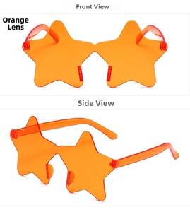 Front and side view of orange star-shaped rimless sunglasses for kids party events