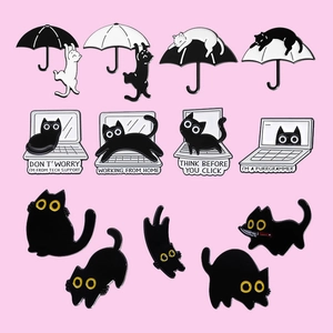 Cartoon Cat Enamel Pin Black White Cat Laptop Umbrella Meme Badge Humorous Brooch Accessory For Backpack Clothing Decoration Gift
