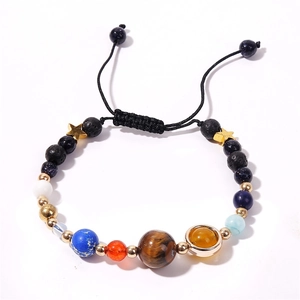 Detail of Eight Planets natural stone beads and adjustable woven cord bracelet