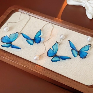 Butterfly Artificial Pearl Earrings With Silver Earring Post Alloy Rhinestone Resin Tassel Dangle Drop Blue Gradient Vintage Style For Women