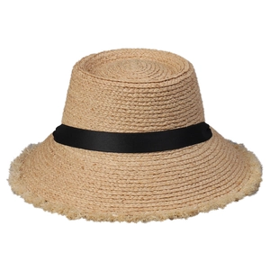 Damen Raffia-Sonnenhut mit breiter Krempe, schwarzem Band und trendigen Fransen an den Kanten