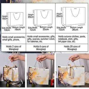 Size comparison chart for marble pattern gift bags with ribbons and silver handles