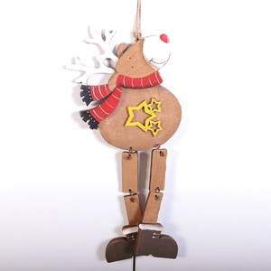 Wooden Christmas reindeer pendant with red scarf and hanging rope on white background