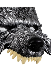 Close-up detail of realistic 3D wolf mask texture with silver fur and sharp yellow tusks