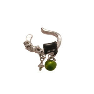 Star zircon ear cuff with black cat charm and green bead pendant in silver finish