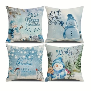Set of 4 blue Christmas snowman pillow covers with festive winter scenery and lettering