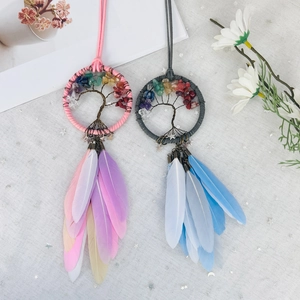 Handmade Tree of Life car pendant with colorful gemstones and soft feathers in pink and blue