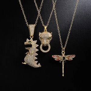 Animal Pendant Necklace 18K Gold Plated Copper Zircon Dinosaur Leopard Dragonfly Trendy Ins Jewelry For Women