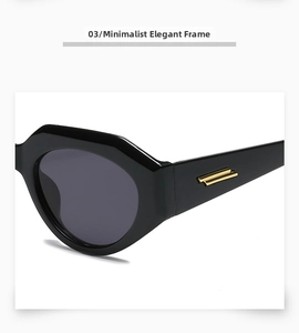 Side view of cat-eye sunglasses with polished black frame and gold metal accents