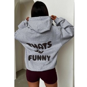 Detail view of grey oversized hoodie showing the black back print THATS SO FUNNY lettering