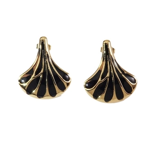 Vintage gold fan-shaped stud earrings with black enamel detail and metallic texture