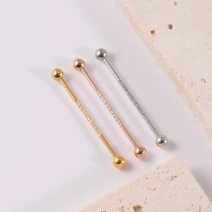 Three-piece industrial barbell set with micro-paved cubic zirconia in gold and silver