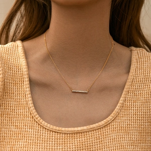 Minimalist 18K gold brass necklace with a zircon-encrusted rectangular bar pendant
