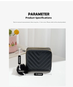 Detailed size parameters of the black V-quilted women's purse with a decorative pom-pom charm