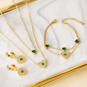 Titanium Steel Green Heart Pendant Necklace Double Layer Bracelet Rhinestone Earrings Women Elegant Korean Jewelry
