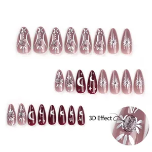 Deep wine red and nude press-on nails set with 3D silver star, moon and floral patterns