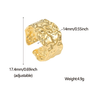 Adjustable irregular hammered texture gold stainless steel ring with 14mm width