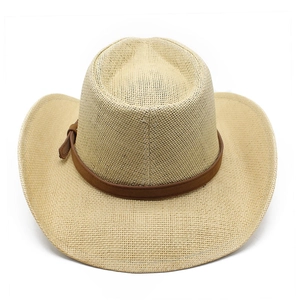 Close-up of khaki woven straw cowboy hat featuring brown leather band and buckle