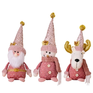 Pink Christmas plush set with Santa, Snowman and Reindeer in sequined pointed hats