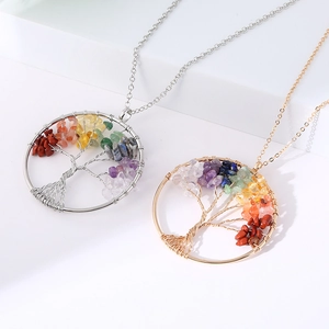 Tree of Life necklaces in silver and gold with colorful natural crystal stone pendants