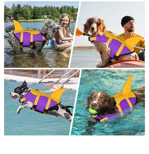 Outdoor collage showing a shark-fin dog life jacket in purple and yellow at the lake