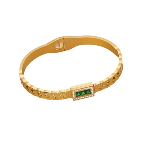 Gold vintage stainless steel bracelet with square emerald green stones and zircon accents