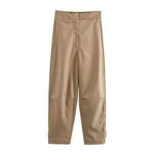Women's summer khaki casual trousers with elastic waist and stylish straight leg cut