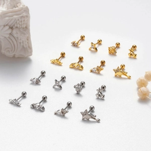 Detailed display of gold and silver steel stud earrings with star and crown zircon designs