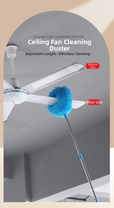 Detail showing the blue microfiber loop brush cleaning dust from a ceiling fan blade