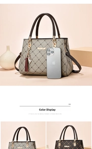 Detail of multi-functional handbag with tassel charm, cross pattern and gold hardware
