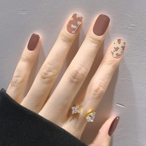 Press On Nails Glossy Brown Leopard Print Short Square Oval Fake Nails Full Cover Manicure Fashionable Daily Wear Women