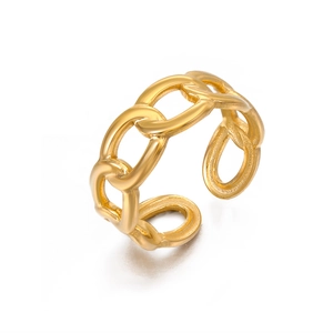 Adjustable 18K gold plated stainless steel Cuban chain link ring with polished finish