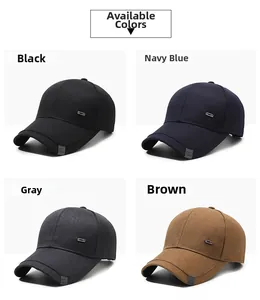 Detailed grid view showing four colors of men's twill sport baseball caps with metal labels