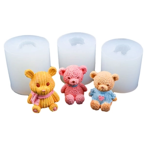 3D sitting teddy bear silicone mold for scented candles and resin crafts with knitted texture