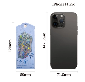Macro detail of PVC floral bookmarks with holographic foil and size comparison to phone