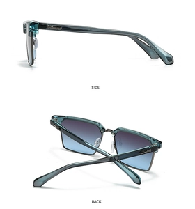 Side and back view of grey-blue square sunglasses with metal bridge and gradient lenses