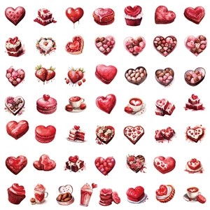 Detail of Valentine stickers showing heart-shaped cakes, macarons, and red sweets