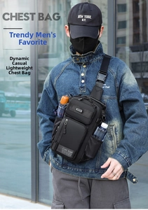 Outdoor shot of a black multi-pocket chest bag with zipper compartments on a male model