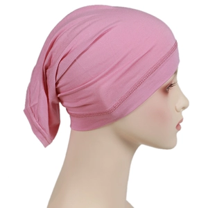 Detail view of pink modal hijab cap showing high elasticity and side stitching details