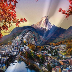 Detail of bohemian Fuji mountain tapestry with autumn red maple leaves and digital print