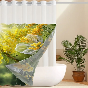 Detail view of white waterproof shower curtain with yellow mimosa flowers and water drops