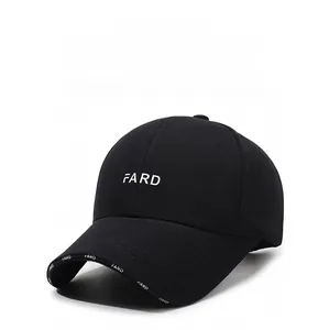 Close-up of FARD letter embroidery on premium black cotton baseball cap fabric