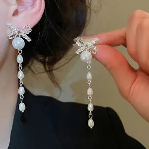 Bow Tassel Earrings Alloy Rhinestone Imitation Artificial Pearl With Silver Earring Post Long Dangle Elegant Jewelry For Women