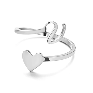 Polished silver heart ring with script letter detail and adjustable open band