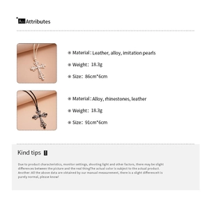 Detailed specs for leather cross necklace with pearls and rhinestones 91cm length