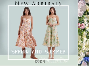 Detail view of floral slit dresses in yellow and light green with elegant square neckline