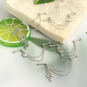 5-piece silver stainless steel helix stud set with chains, star and heart pendants