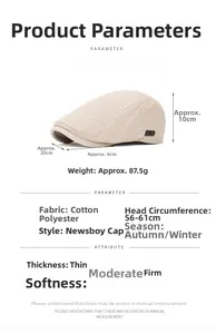 Détail de la casquette plate beige avec texture gaufrée et dimensions pour l'automne