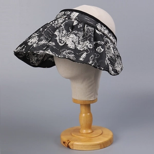 Women's wide brim sun hat with Chinese style ink print design and open top style